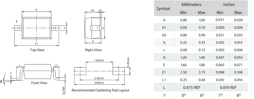 Mechanical Drawing - Littelfuse AQW05C/SDW05C-01FTG Bidirectional TVS Diodes